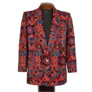 Vibrant VTG Southwestern Aztec Western Woven Tapestry Cotton Blazer Womens L 90s